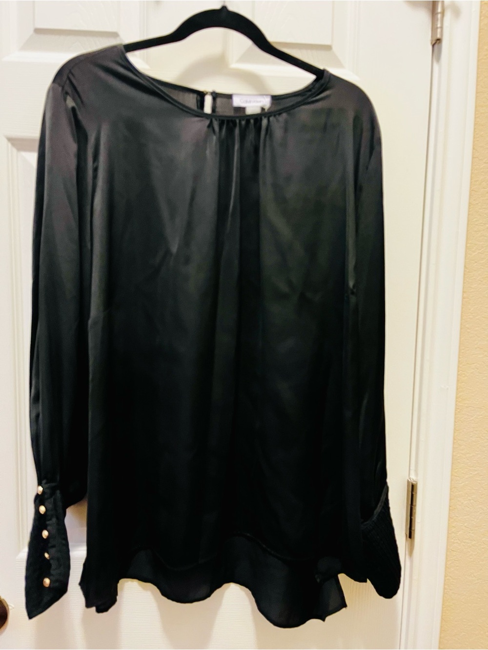 Calvin Klein Black Satin Long-Sleeve Blouse with Pearl Button Cuffs